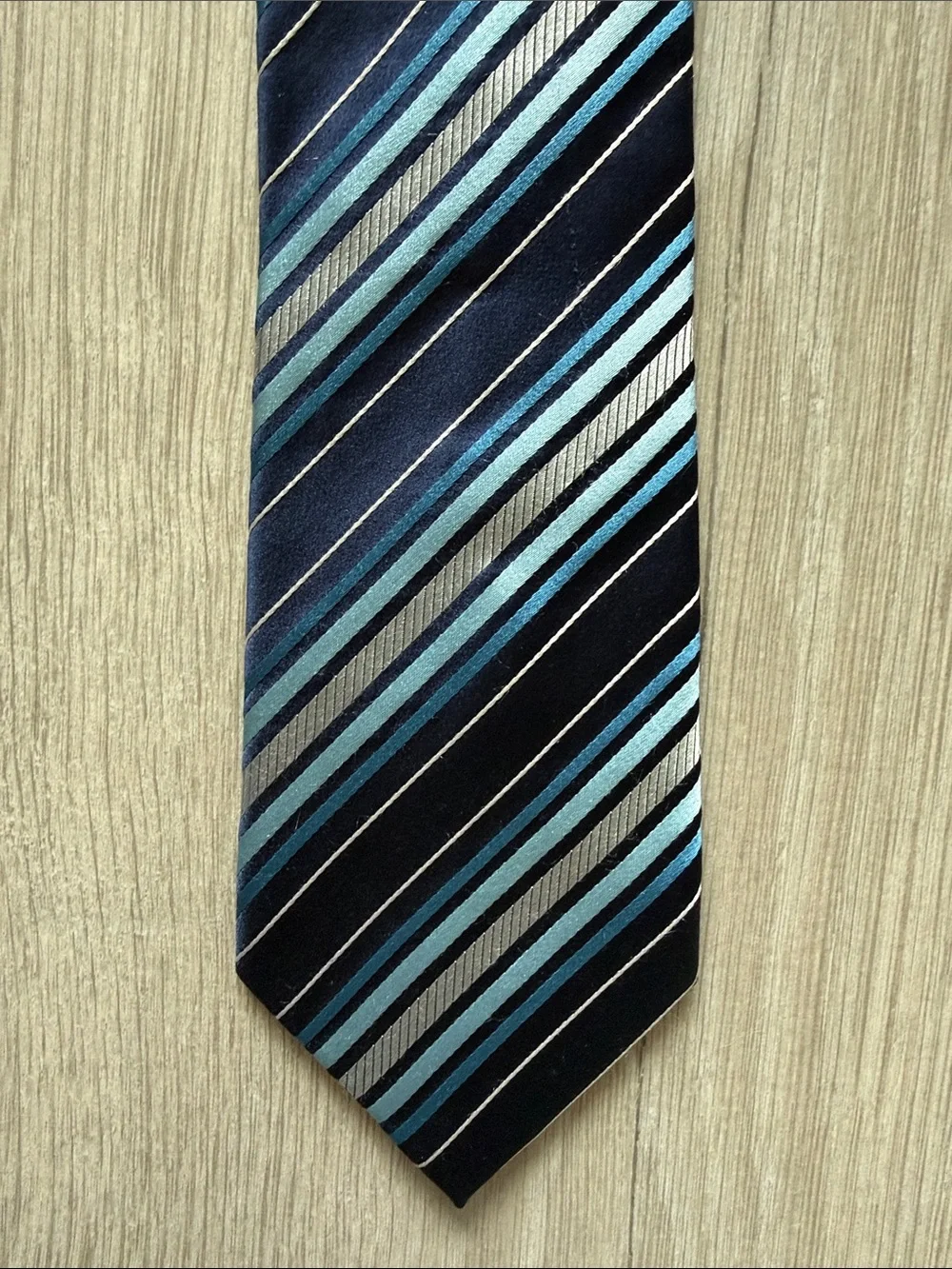 BCBG Men's Diagonal Stripe Tie in Navy, Light Blue, White